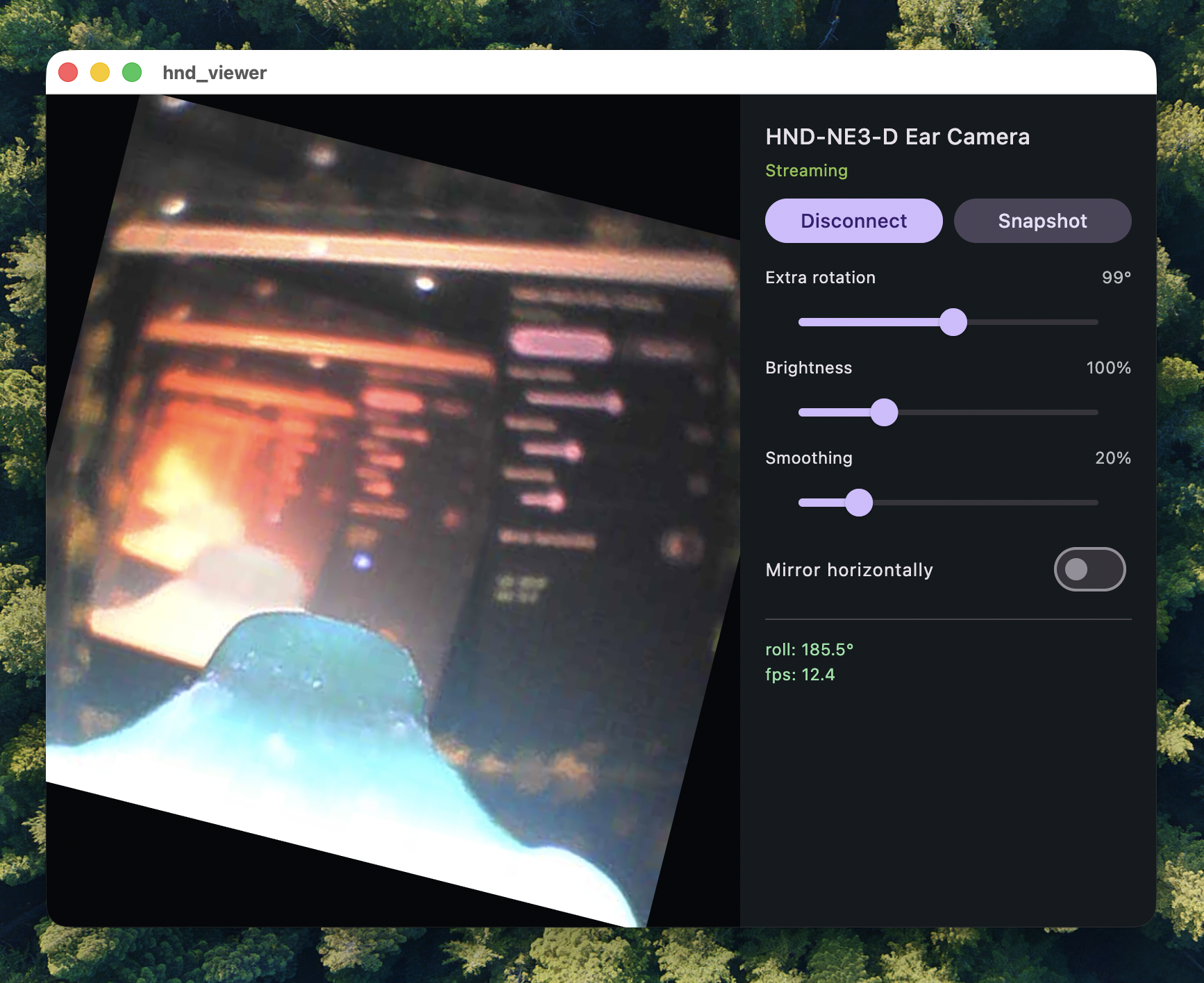hnd-viewer showing live 480×480 video from the HND-NE3 / NATFIRE NE3 wireless ear camera