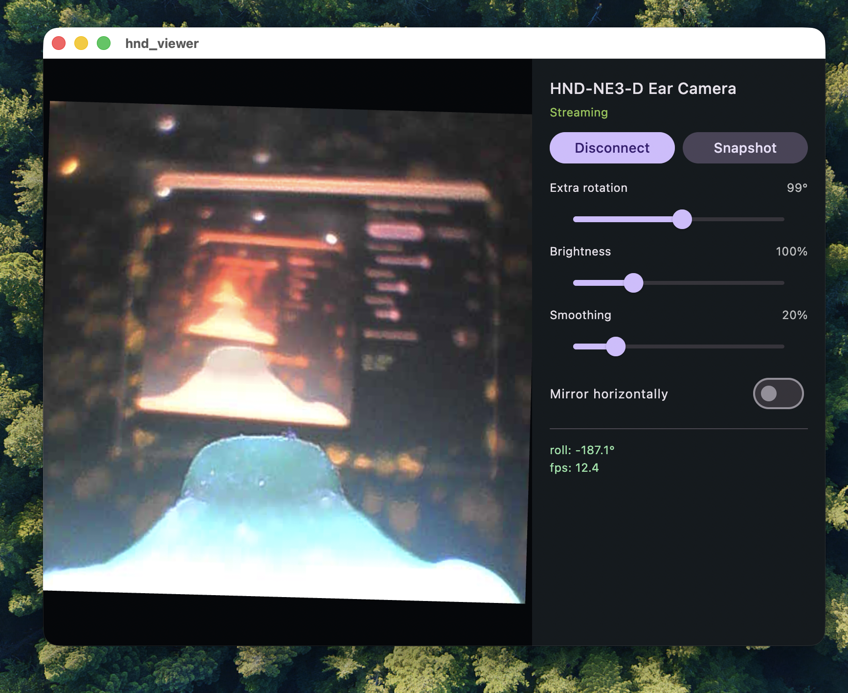 hnd-viewer window with gyro roll and live sensor chart for the HND-NE3 ear camera